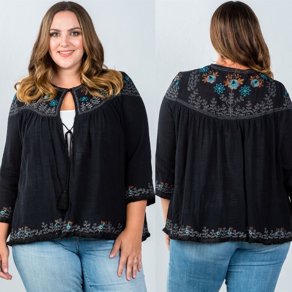 PLUS SIZE BLACK EMBROIDERY FLOWER TASSEL CARDIGAN - Picture 2 of 6